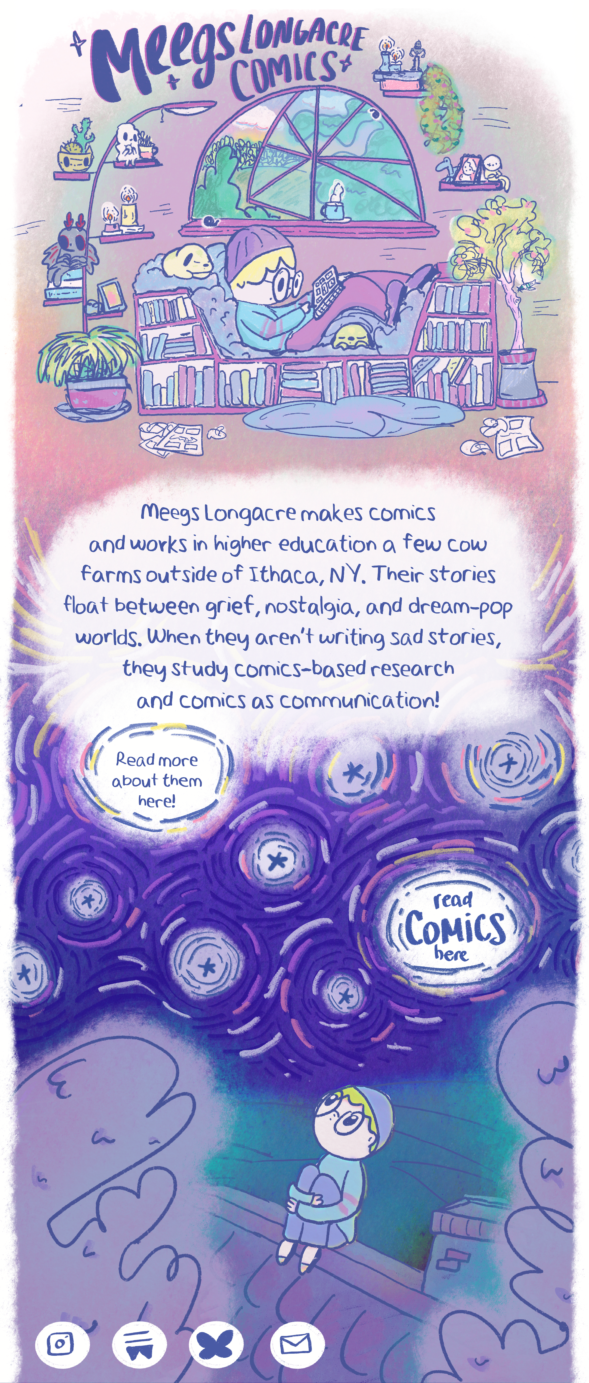 Meegs Comics Icon with bio that reads ____ with a button that says 'read more here.' at the bottom of page is a cartoon image of Meegs sitting on their roof looking up at the stars. Bottom reads 'read comics here' 