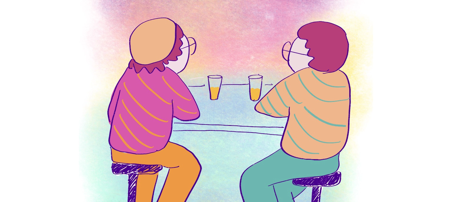 Dear Dad, comic cover- digital drawing of Meegs and their father sitting at a bar.